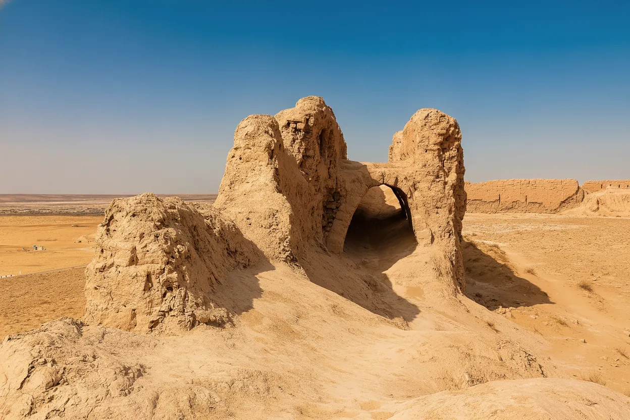 Close-up inside one of the Ayaz-Kala fortresses, showing the texture of ancient mud-brick walls and the scale of the ruins.