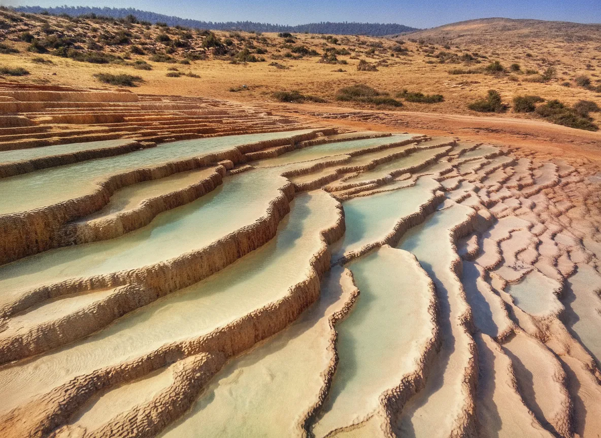 Behold the impossible: a vibrant, multi-tiered 'staircase' of petrified waterfalls, sculpted by millennia of mineral-rich flowing water into a landscape that defies belief.