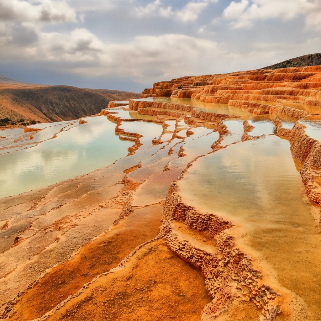 Detailed view of the intricate, layered formations of Badab-e Surt's travertine terraces