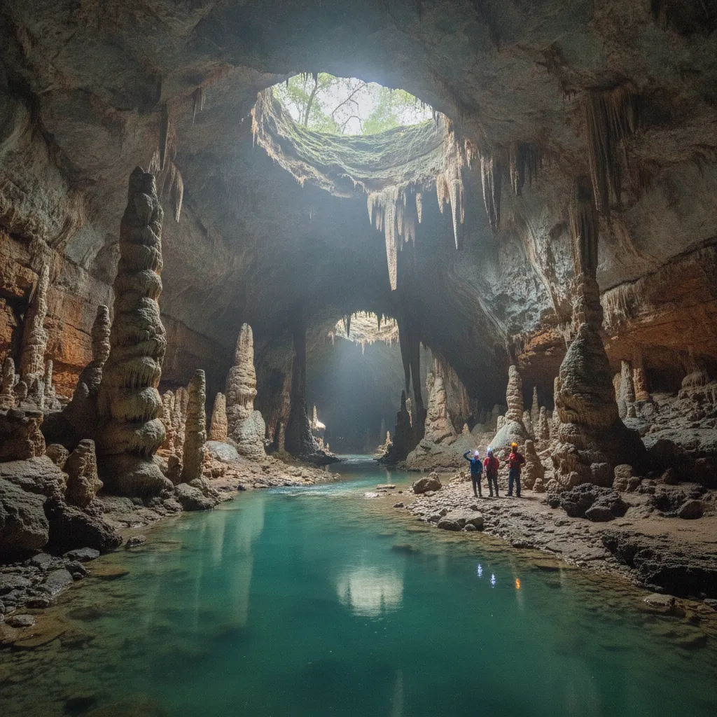 Grand entrance to Baishiya Karst Cave, showing a large opening framed by ancient rock formations and lush greenery.