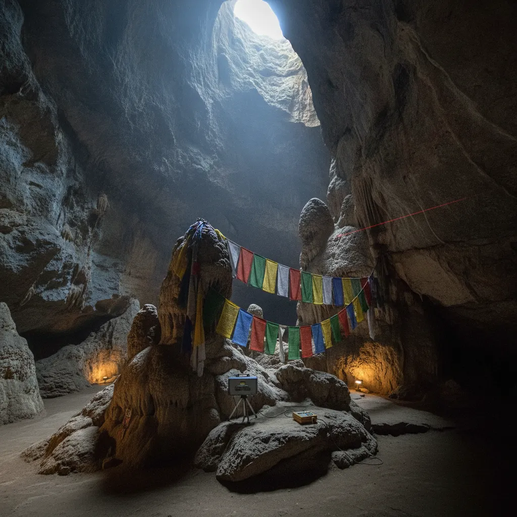 An underground river flowing through a chamber in Baishiya Karst Cave, with reflections of rock formations on the calm water.
