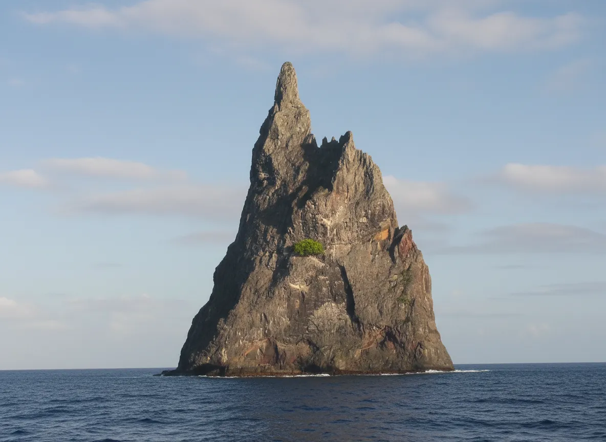Ball's Pyramid rising majestically from the Pacific Ocean at sunrise, its sharp peak illuminated by golden light.