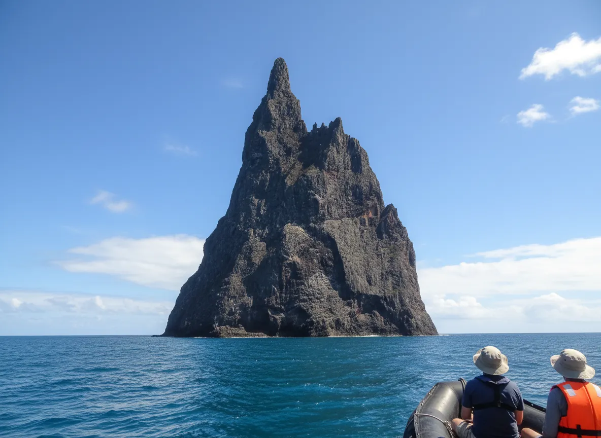 A boat tour approaching Ball's Pyramid, showing the immense scale of the sea stack against the relatively small vessel.