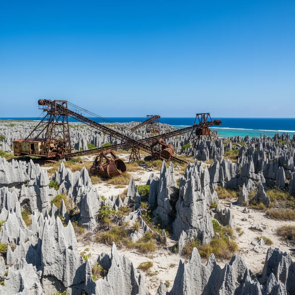 Jagged limestone pinnacles and abandoned mining machinery on Banaba Island, Kiribati
