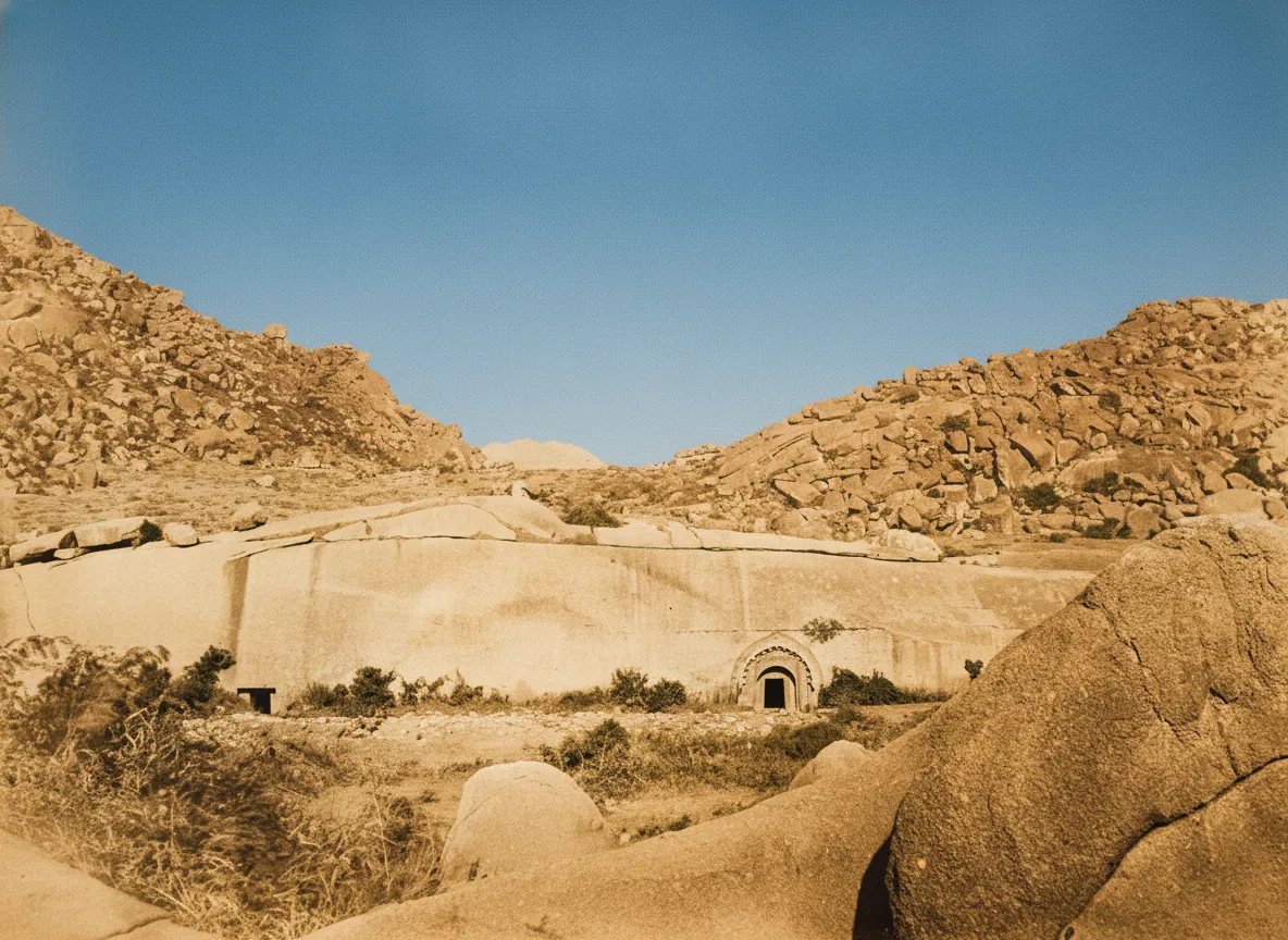 Panoramic view of the Barabar Caves site, showing the granite hills and surrounding lush landscape of Bihar.