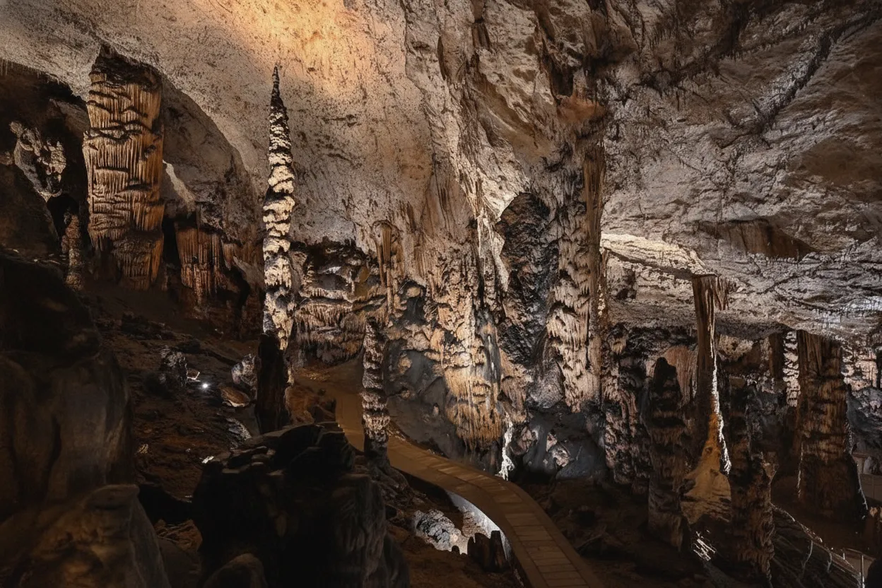 Inside the Baradla Cave, showing massive stalactites and stalagmites in a large chamber, illuminated by subtle lighting.