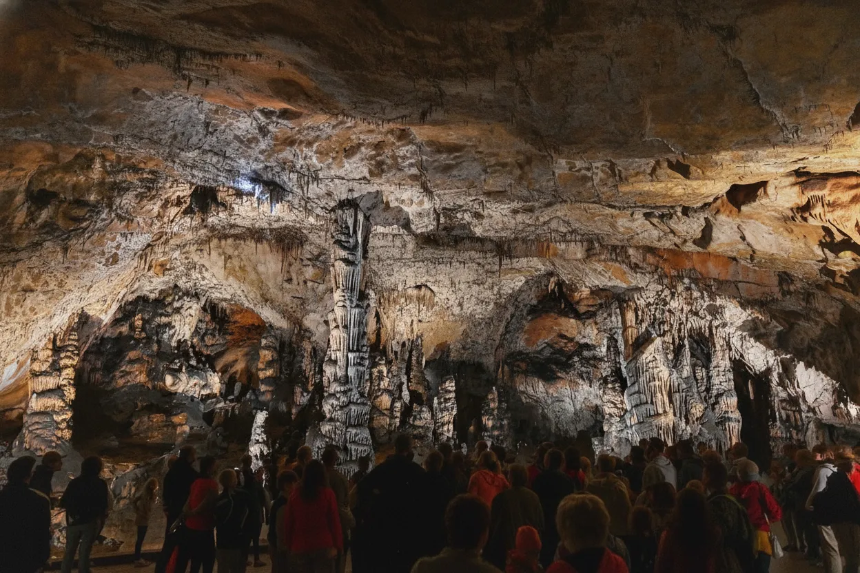 A group of tourists on a guided tour inside Baradla Cave, looking up at illuminated stalactite formations.