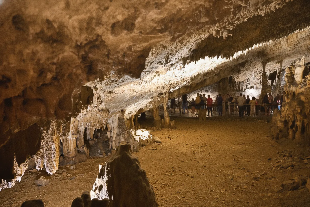 Exterior view of the Baradla Cave entrance in Aggtelek National Park, surrounded by lush green trees.