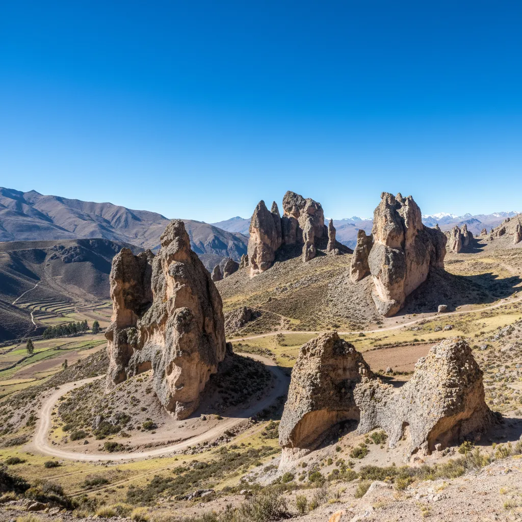 Panoramic view of the Barcos de Piedra de Ccarhuarazo showing multiple large rock formations resembling ships against a high Andean backdrop.