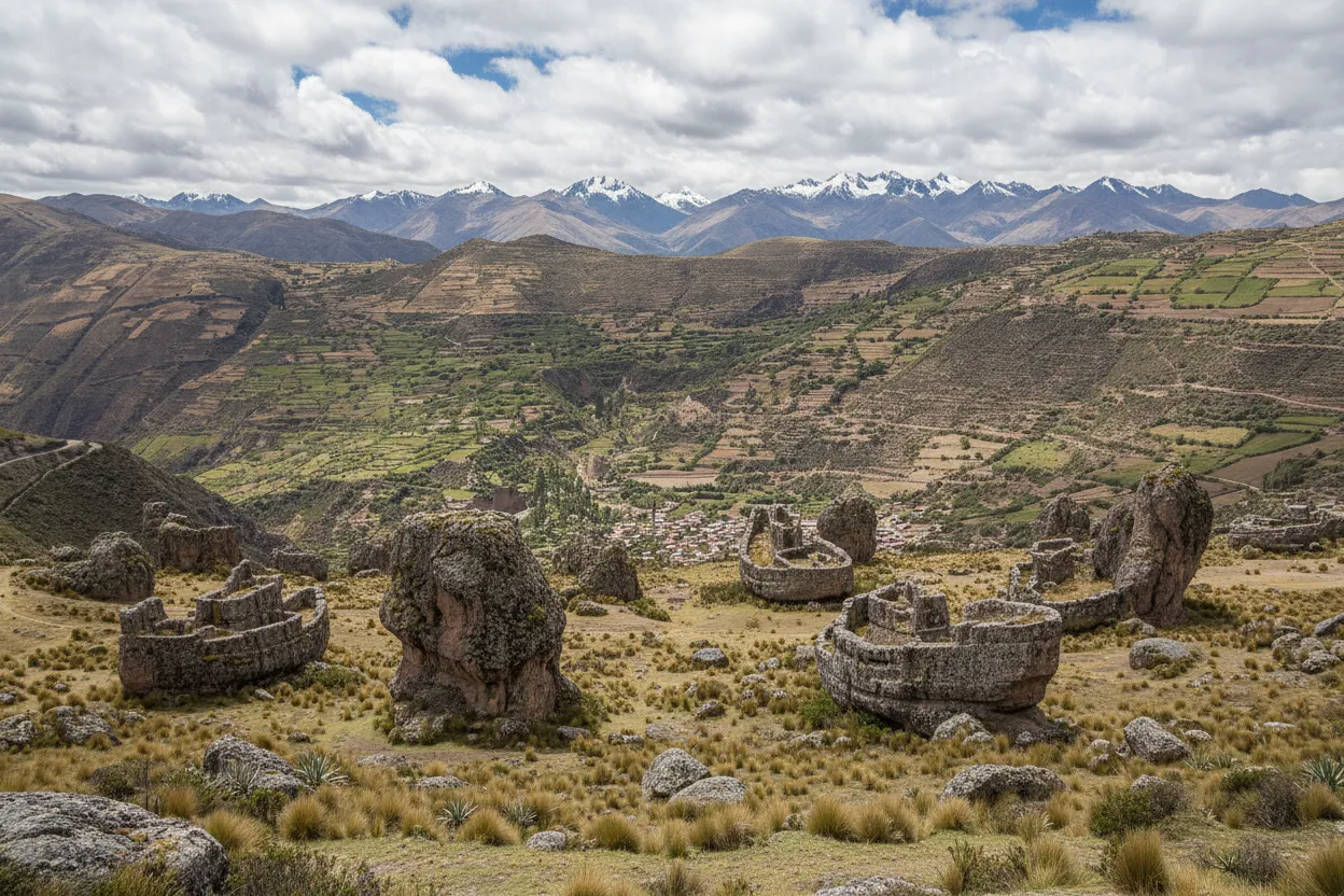 A hiker standing in front of a massive stone boat formation, providing a sense of scale against the vast Andean landscape.