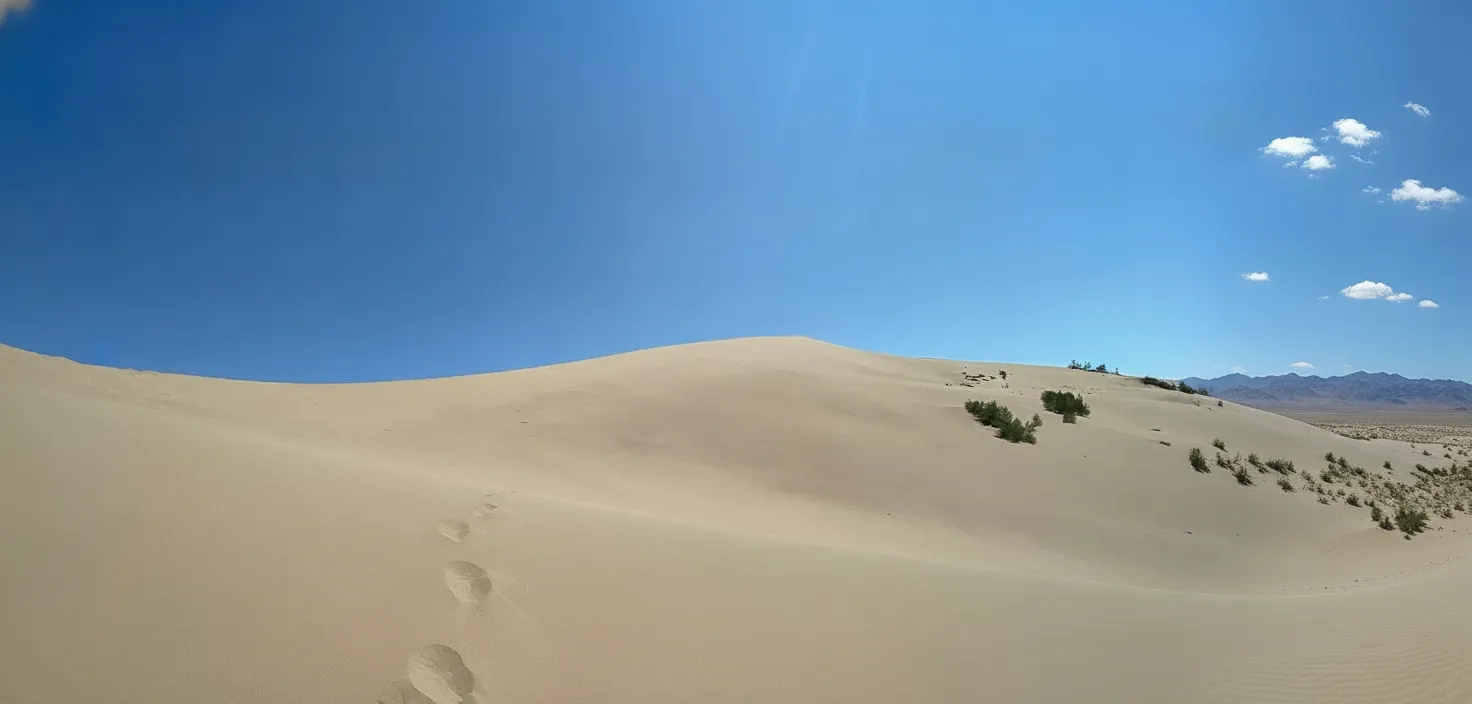 A person standing on the ridge of the Singing Dunes, looking out over the vast desert landscape and distant mountains of Altyn-Emel National Park.