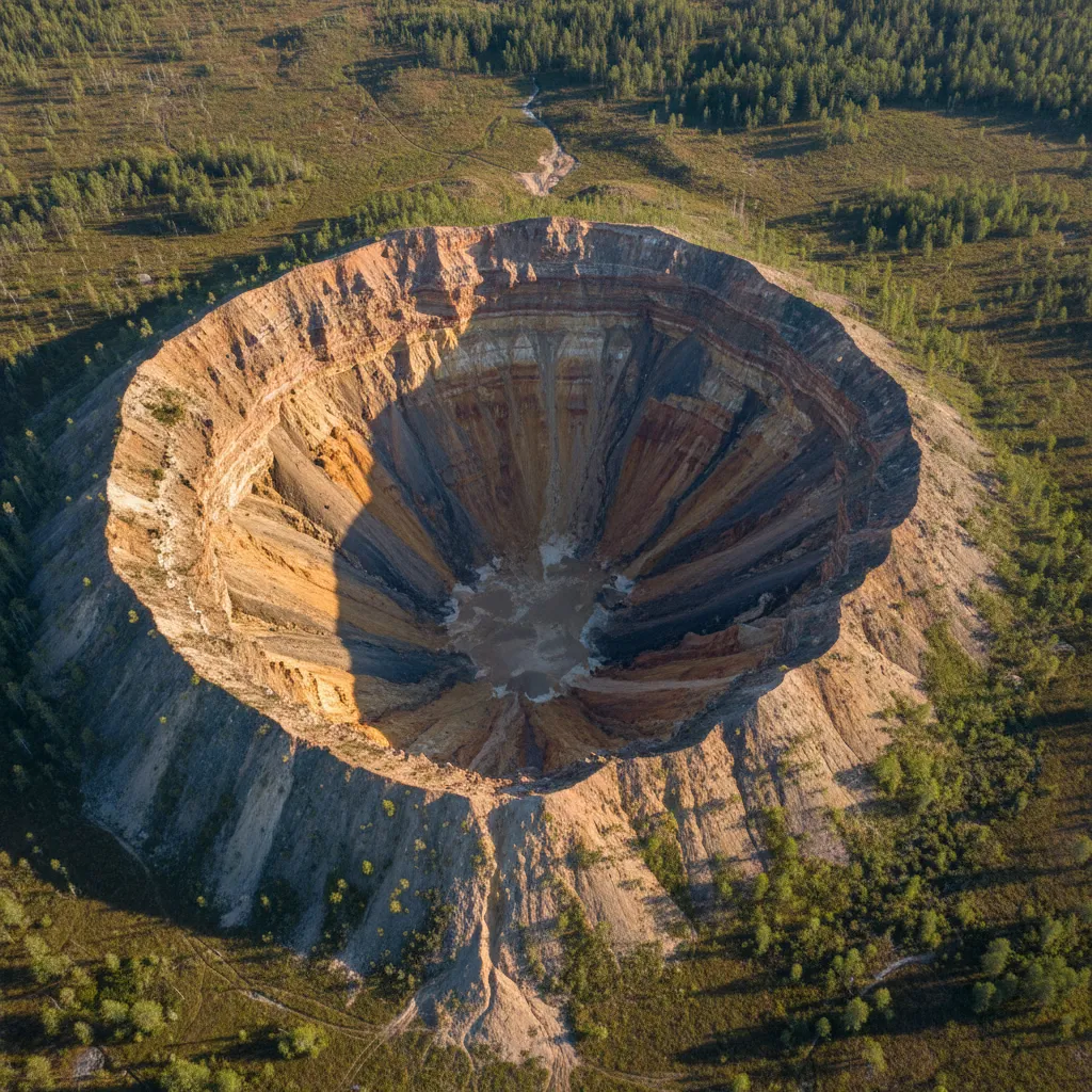 Aerial view of the Batagaika Crater, a massive, mile-long gash in the Siberian permafrost with terraced slopes and exposed ancient soil layers.