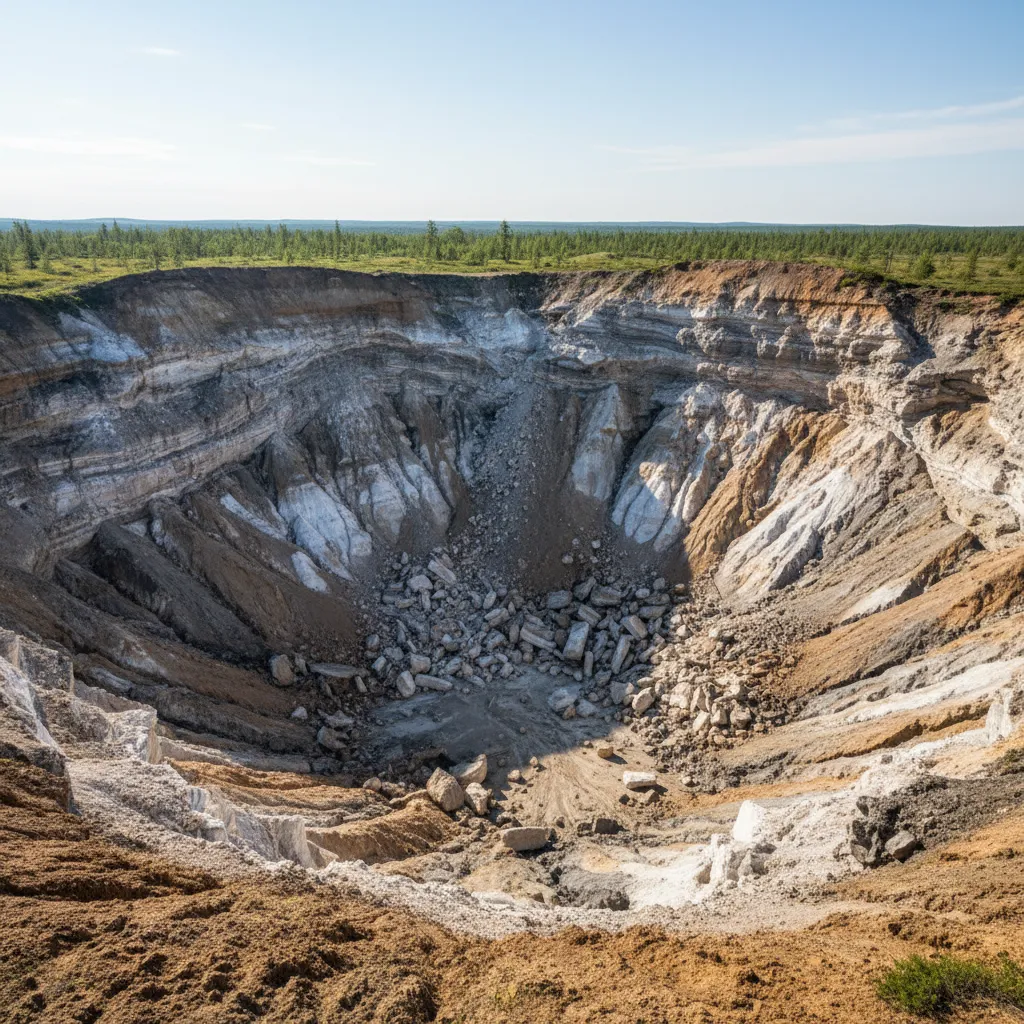 Close-up of the exposed permafrost layers within the Batagaika Crater, showing distinct bands of soil, ice wedges, and ancient organic material.