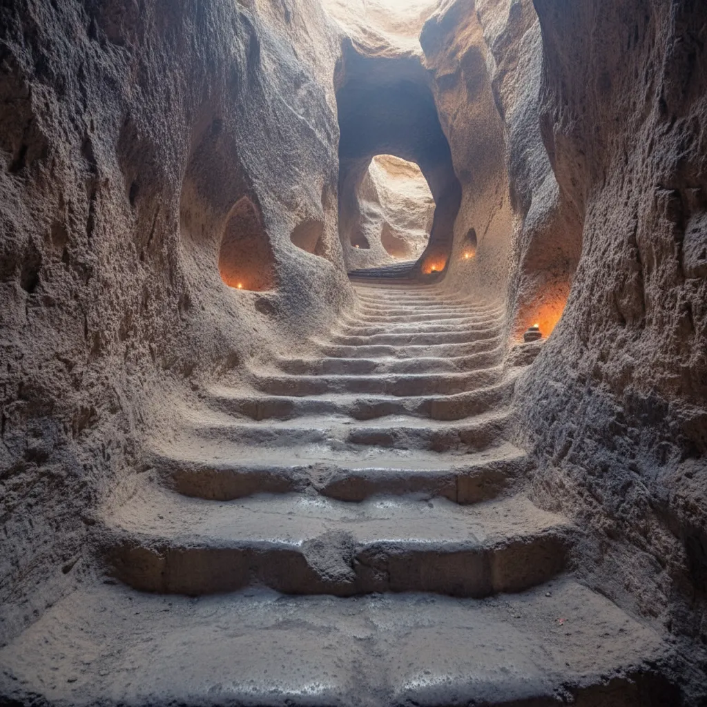 Interior view of the carved chambers within Beket Ata Underground Mosque, showing pilgrims in prayer