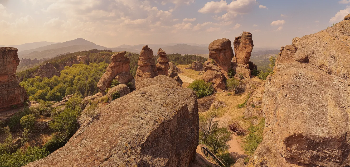 In a remote corner of Bulgaria, colossal red rock formations, some resembling mythical creatures and human figures, stand sentinel over an ancient fortress.