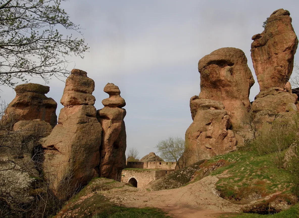 Panoramic view of Belogradchik Rocks and Fortress at sunset, showcasing the red rock formations and ancient walls.