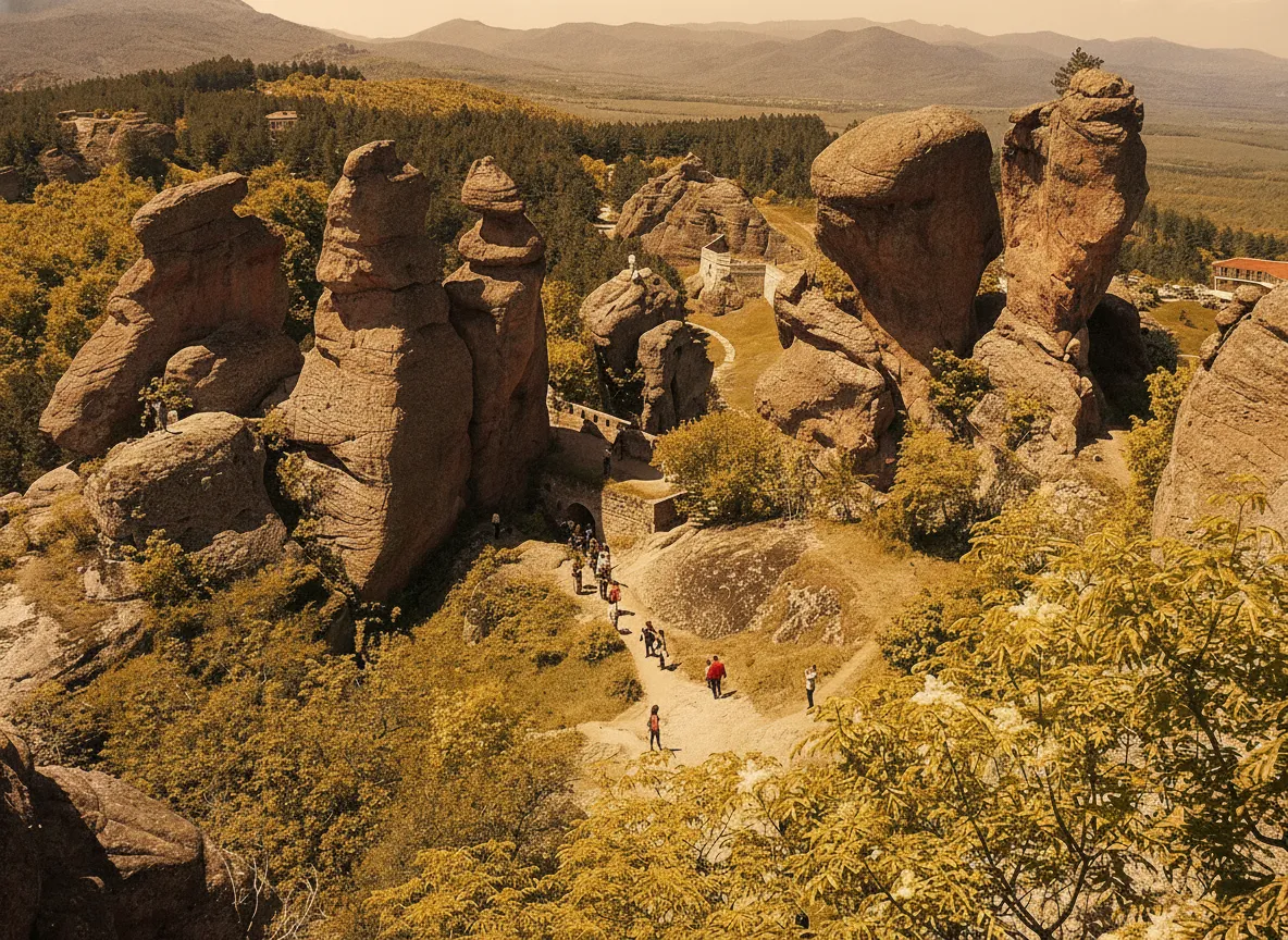 Close-up of a unique red rock formation in Belogradchik, showing its intricate texture and unusual shape.