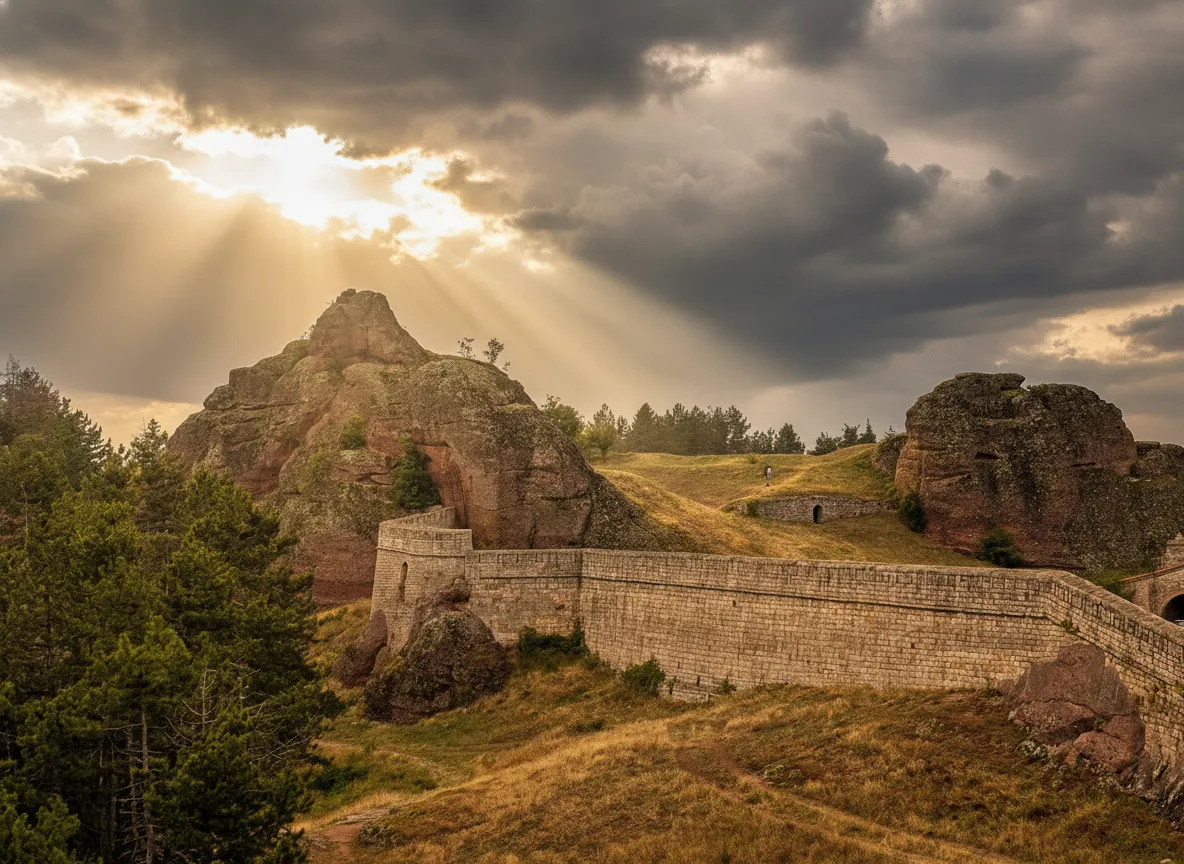 View from inside Belogradchik Fortress showing ancient stone walls blending with natural rock formations and a distant landscape.