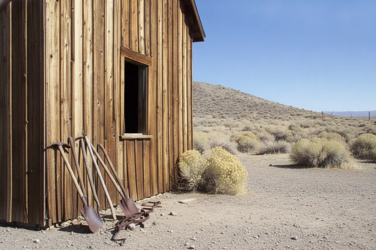 Eerie, well-preserved wooden buildings of the Berlin ghost town under a clear Nevada sky