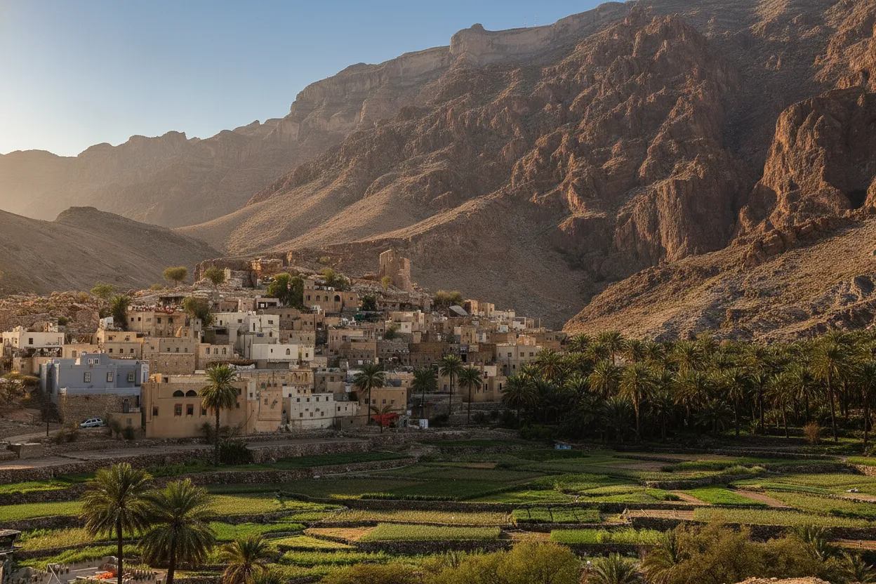 Perched precariously on a cliff face within Oman's rugged Al Hajar Mountains, this ancient village seems carved directly from the rock, a defiant testament to life in an almost impossibly remote landscape.