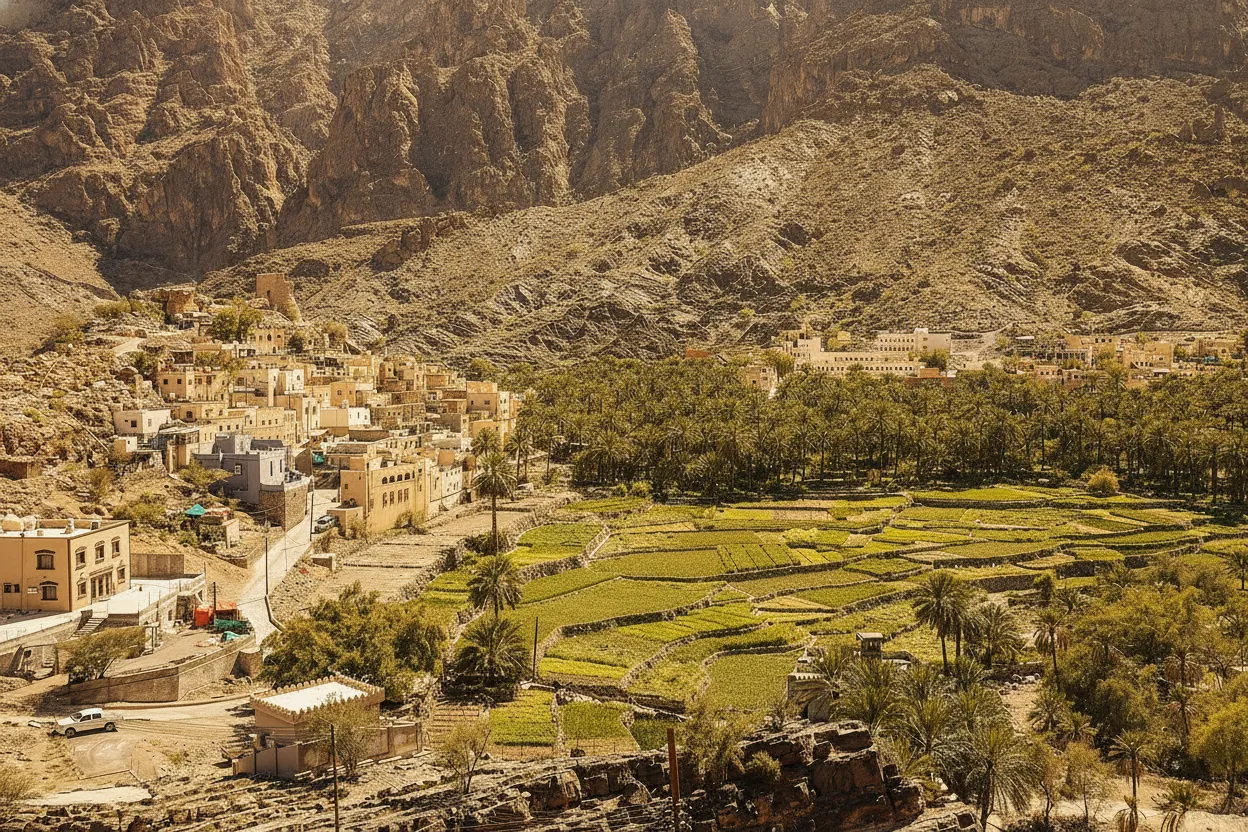 Close-up of traditional mud-brick homes in Bilad Sayt, showing intricate details and terraced gardens.