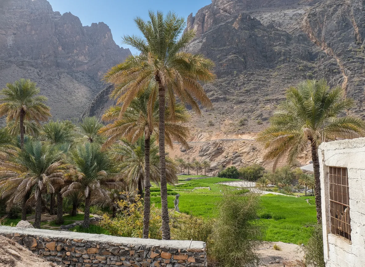 A winding dirt road leading through a dramatic wadi in the Al Hajar Mountains, surrounded by towering rock formations and sparse vegetation, on the way to Bilad Sayt.