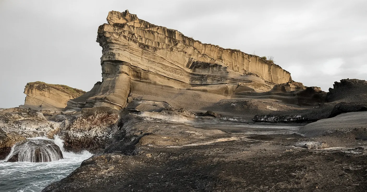 Tourist standing on a rock formation overlooking a vast expanse of tidal pools and the Pacific Ocean at Biri Rock Formations, Northern Samar, Philippines