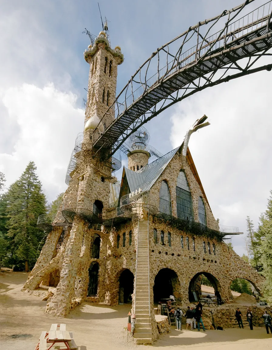 Bishop Castle exterior showing multiple towering stone spires and arched bridges against a blue sky.