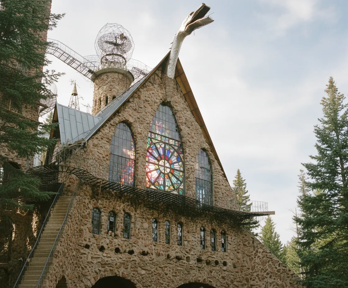 Close-up of the fire-breathing dragon's head on Bishop Castle, showing intricate metalwork details.