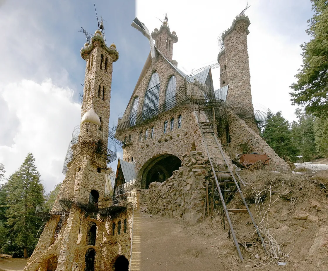 Interior view of Bishop Castle showing a winding stone staircase and stained glass windows, with light filtering in.