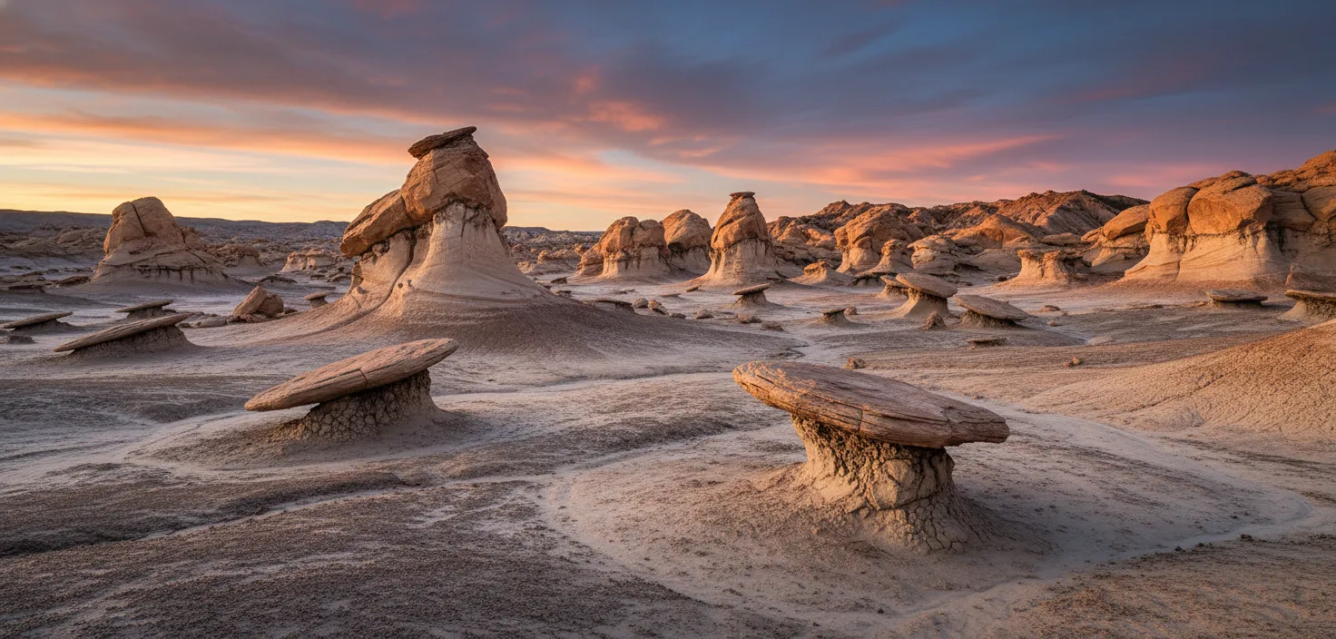 Step into an alien landscape in the New Mexico desert where millions of years of erosion have sculpted a bizarre world of petrified logs and mushroom-shaped hoodoos.