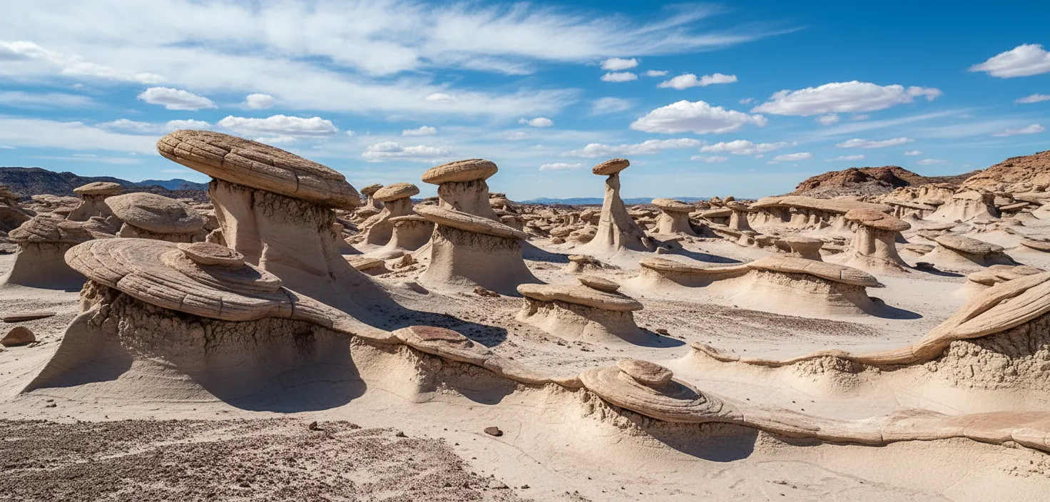 A wide shot of the Bisti Badlands showing numerous mushroom-shaped hoodoos and petrified wood scattered across the eroded landscape under a dramatic sky.