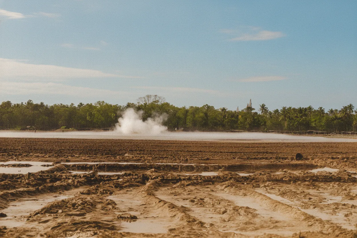 Venture into an otherworldly landscape in Java where the earth breathes, continuously bubbling with vast, ancient mud volcanoes and spewing briny water that locals transform into salt.