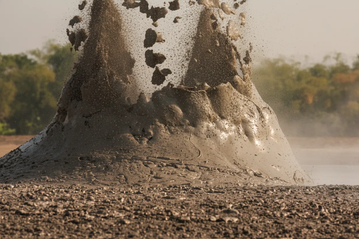A wide shot of Bledug Kuwu mud volcanoes with several active mud geysers erupting and spewing grey mud into the air, surrounded by flat, barren earth.