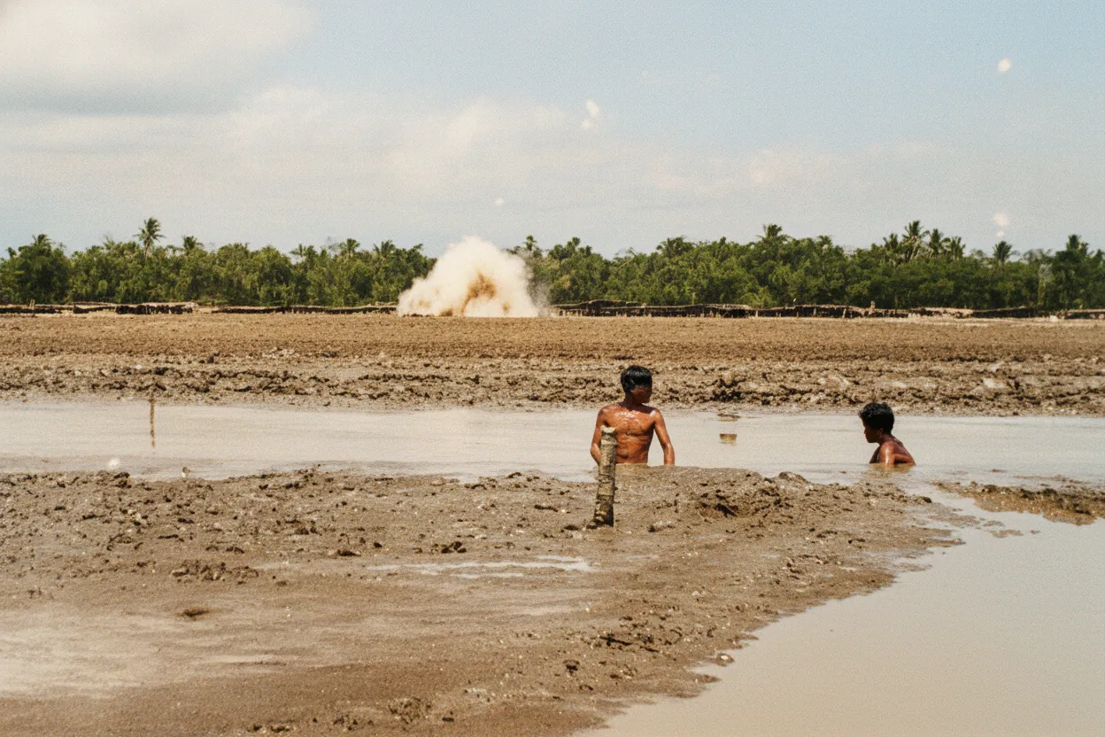 A local Indonesian salt farmer standing next to shallow drying pools filled with briny water at Bledug Kuwu, demonstrating the traditional salt harvesting process.