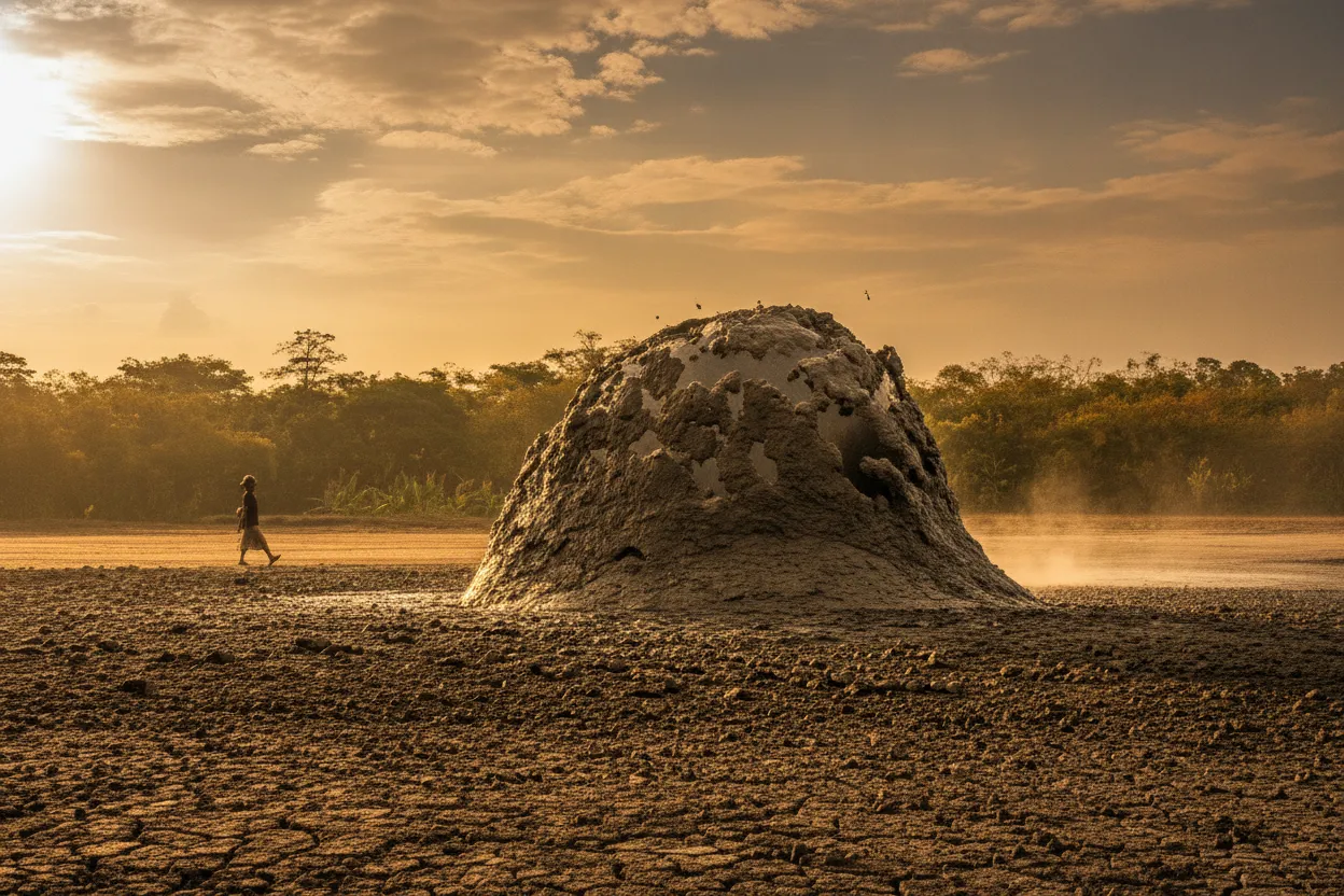 A close-up of a bubbling mud pool at Bledug Kuwu, showing the texture and movement of the grey mud as gas escapes.
