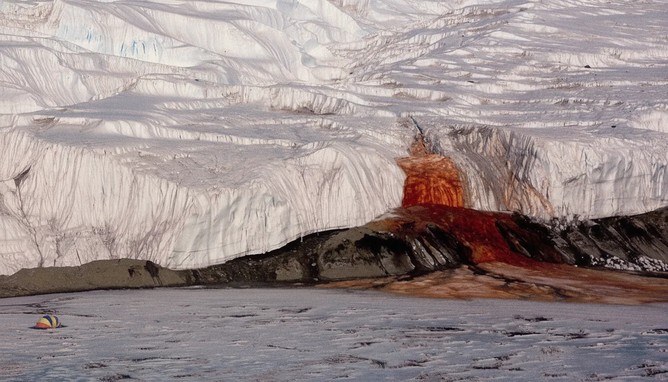 Imagine a glacier that bleeds a constant stream of iron-rich red water, staining the pristine white ice of Antarctica with a surreal, crimson flow.