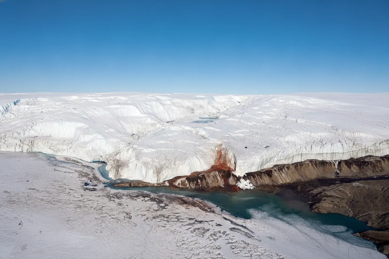 Close-up of the vibrant red water of Blood Falls flowing over the white ice of Taylor Glacier in Antarctica.