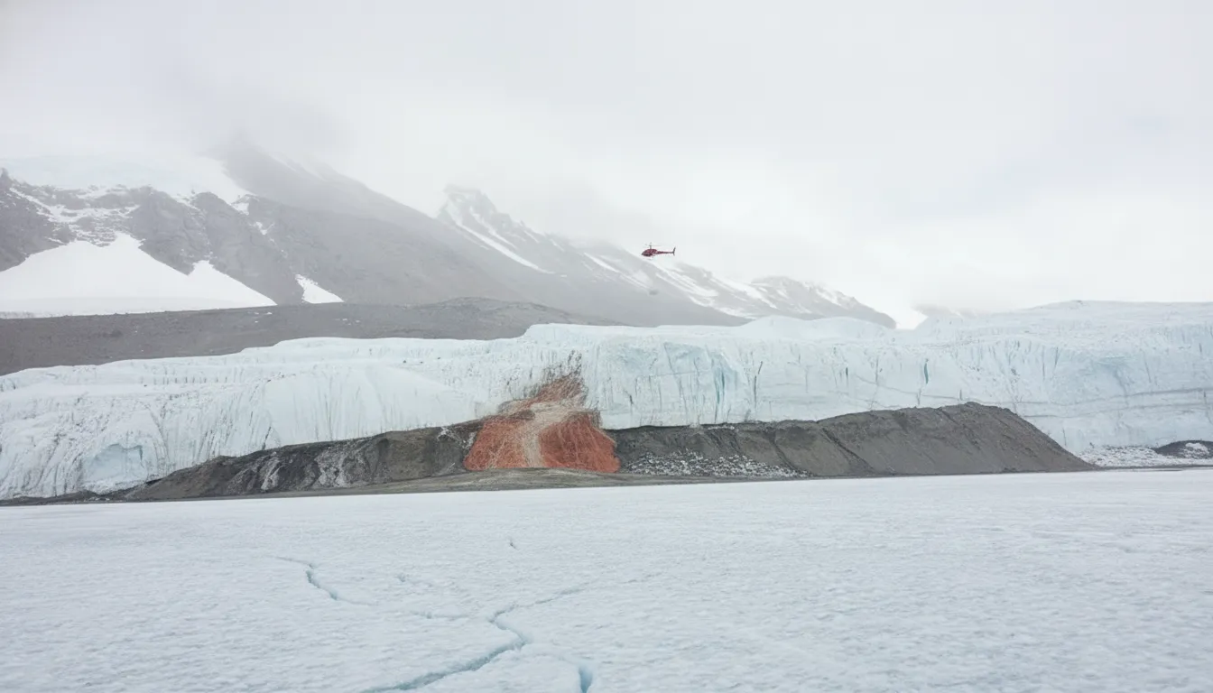 A small group of researchers in full polar gear standing near the red flow of Blood Falls, highlighting the scale and remoteness of the location.