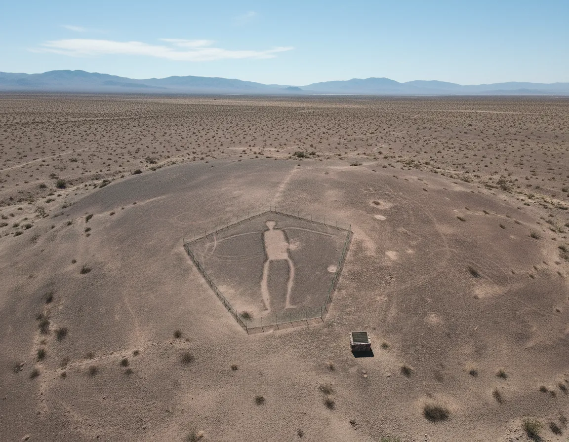 An aerial view of the Blythe Giant, a large human-like geoglyph etched into the desert floor, surrounded by sparse desert vegetation.