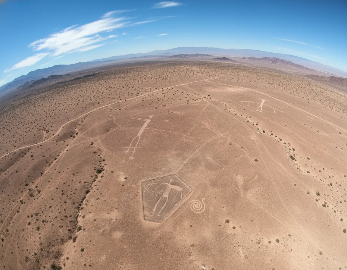 A ground-level view near one of the Blythe Intaglios, showing the subtle depressions in the desert pavement and the vast, arid landscape stretching into the distance.
