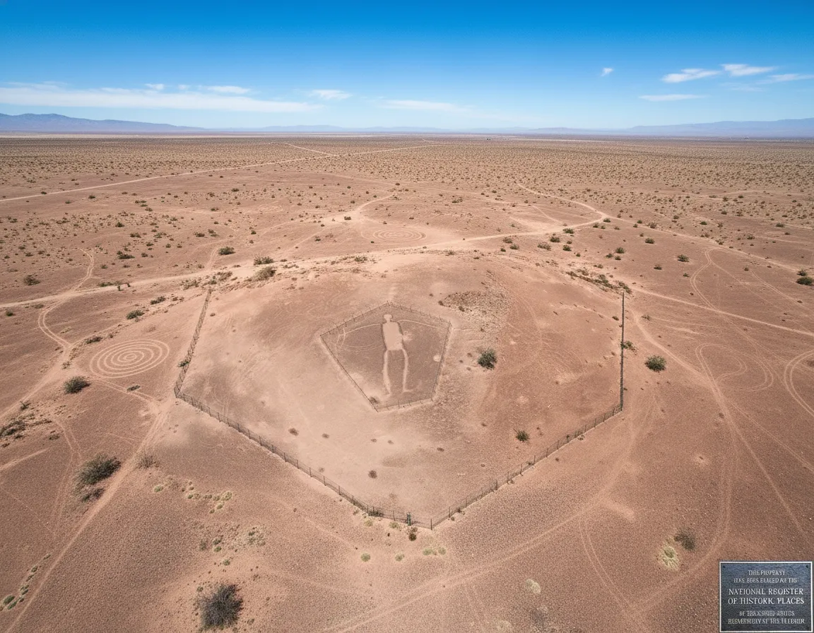 A sign at the Blythe Intaglios site providing information about the geoglyphs and their cultural significance, with a desert landscape in the background.