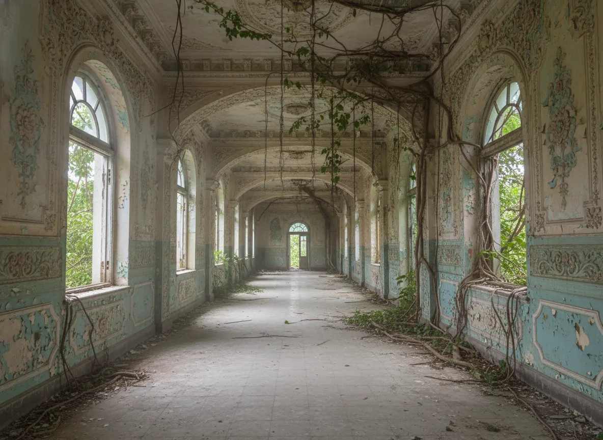 The iconic Bokor Palace Hotel & Casino shrouded in mist, with crumbling walls and moss-covered facade against a cloudy sky.
