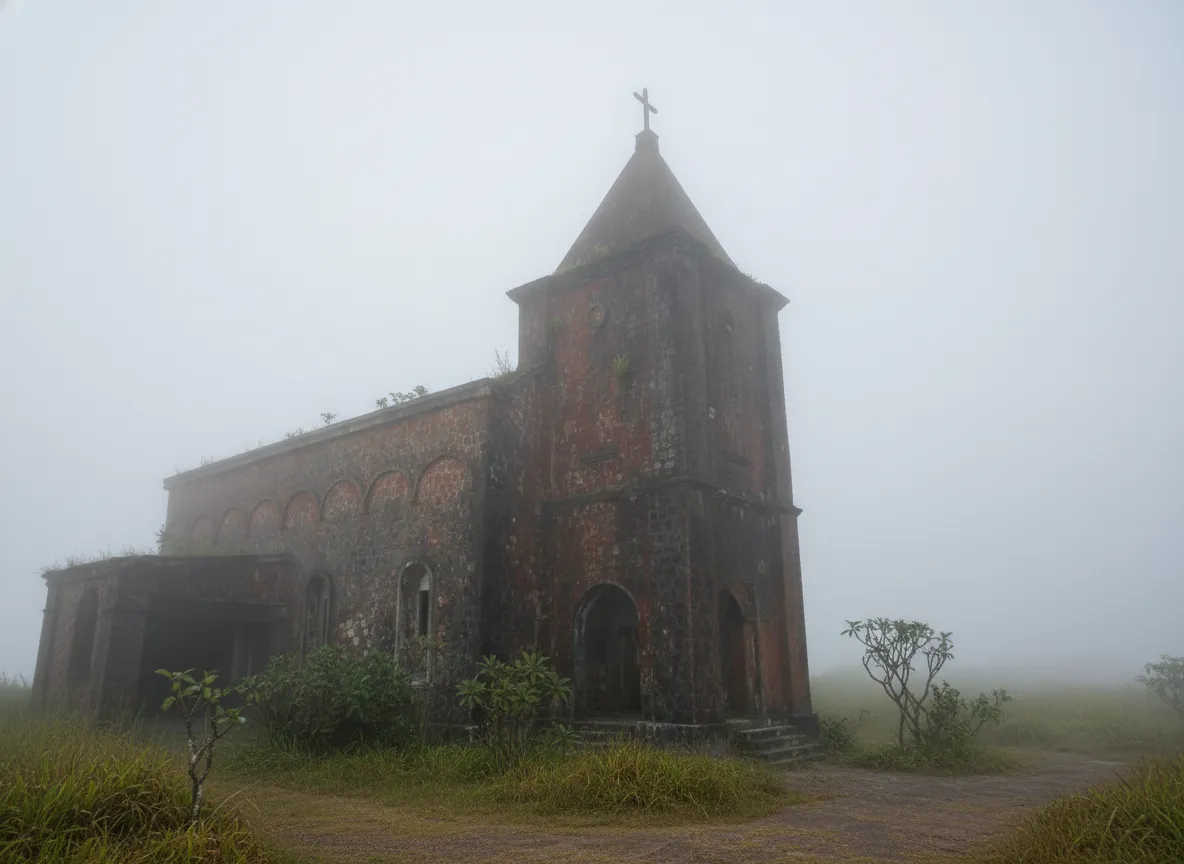 Interior of the abandoned Catholic Church at Bokor Hill Station, with light streaming through a large archway and moss growing on the stone floor.