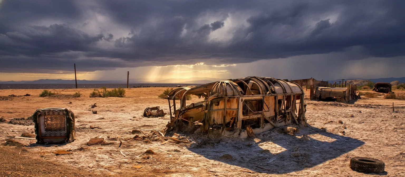 This bizarre ghost town on the edge of California's dying Salton Sea is a post-apocalyptic art canvas, where abandoned homes are reclaimed by salt, fish bones, and defiant desert artists.