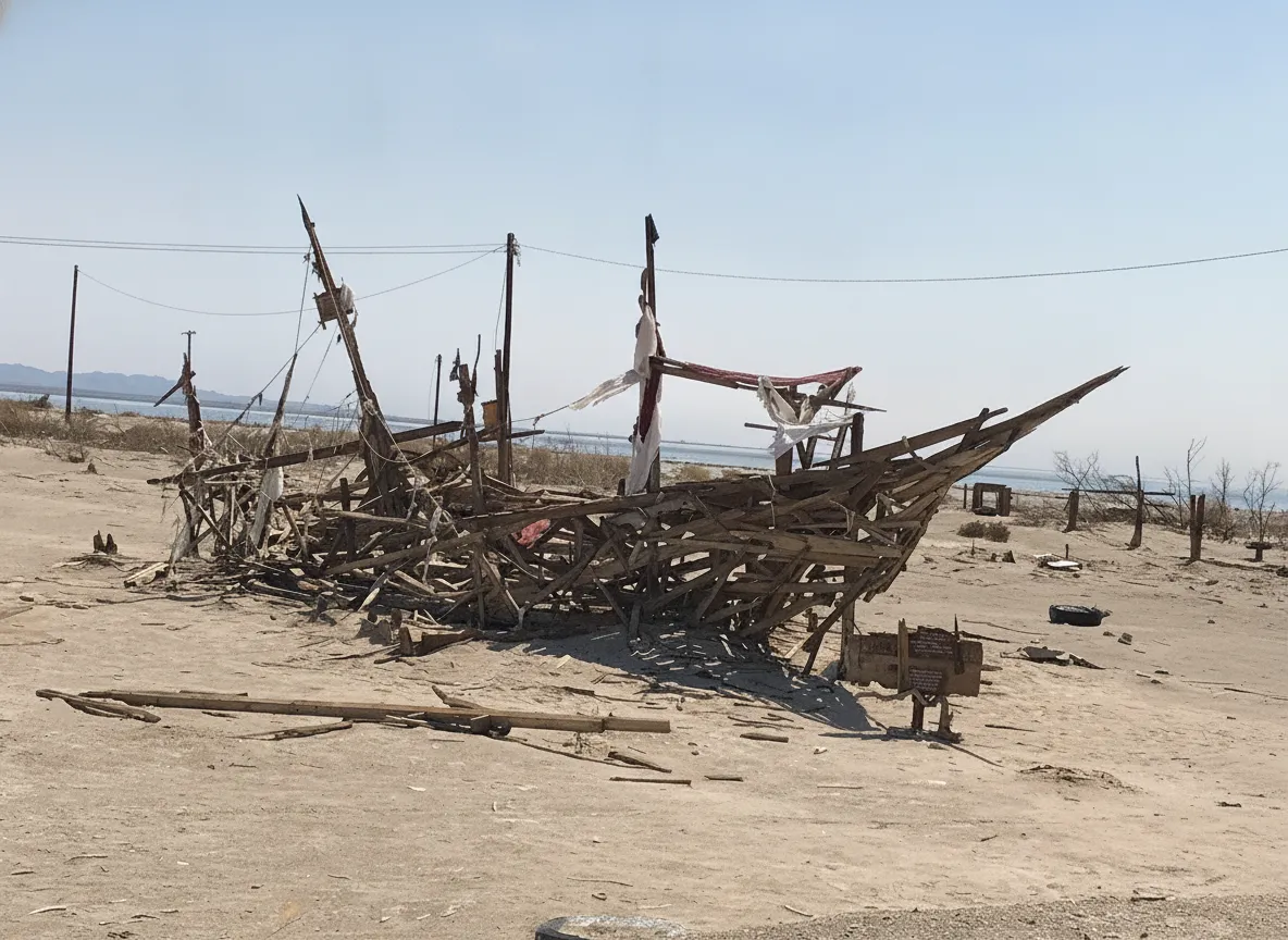 A surreal art installation on the Salton Sea playa featuring a series of chairs and a table seemingly set for a ghostly dinner party, with the receding lake in the background.