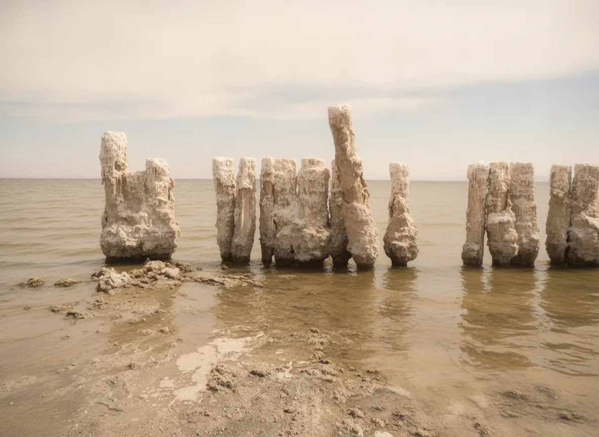 A wide shot of the Salton Sea shoreline with decaying structures and salt-encrusted ground, under a dramatic desert sky.
