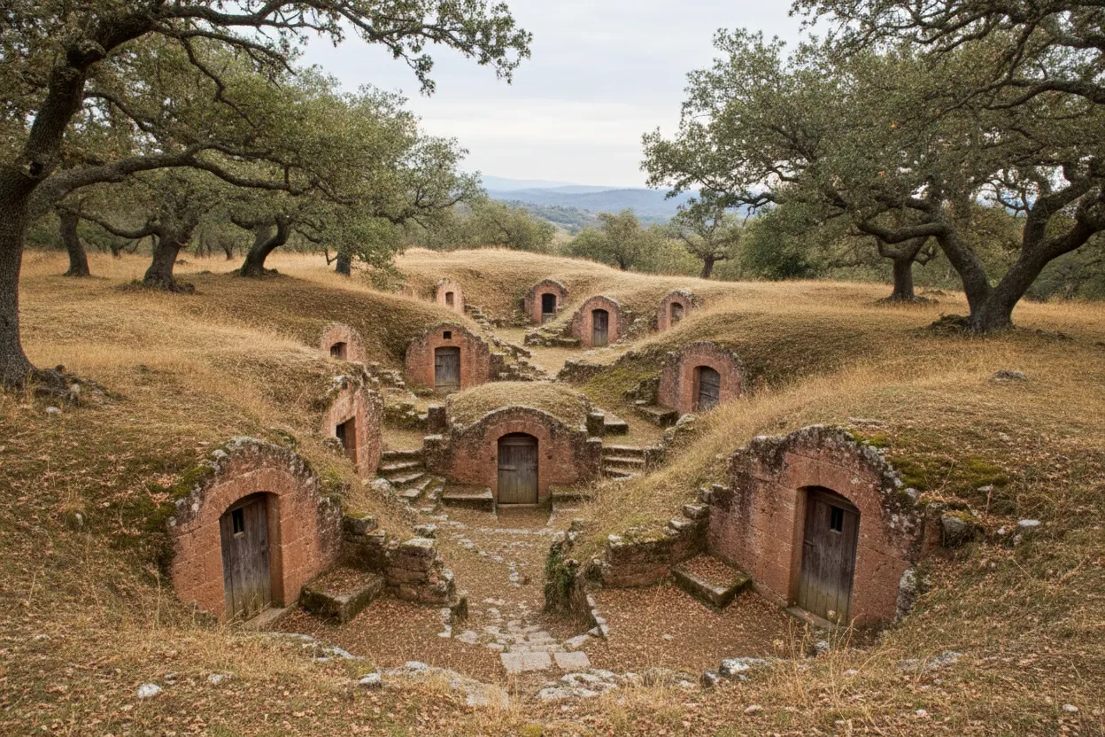 Entrance to a semi-subterranean rock-cut dwelling at Borgo dei Palmenti, Pietragalla, Italy, showing the unique tufa rock architecture.