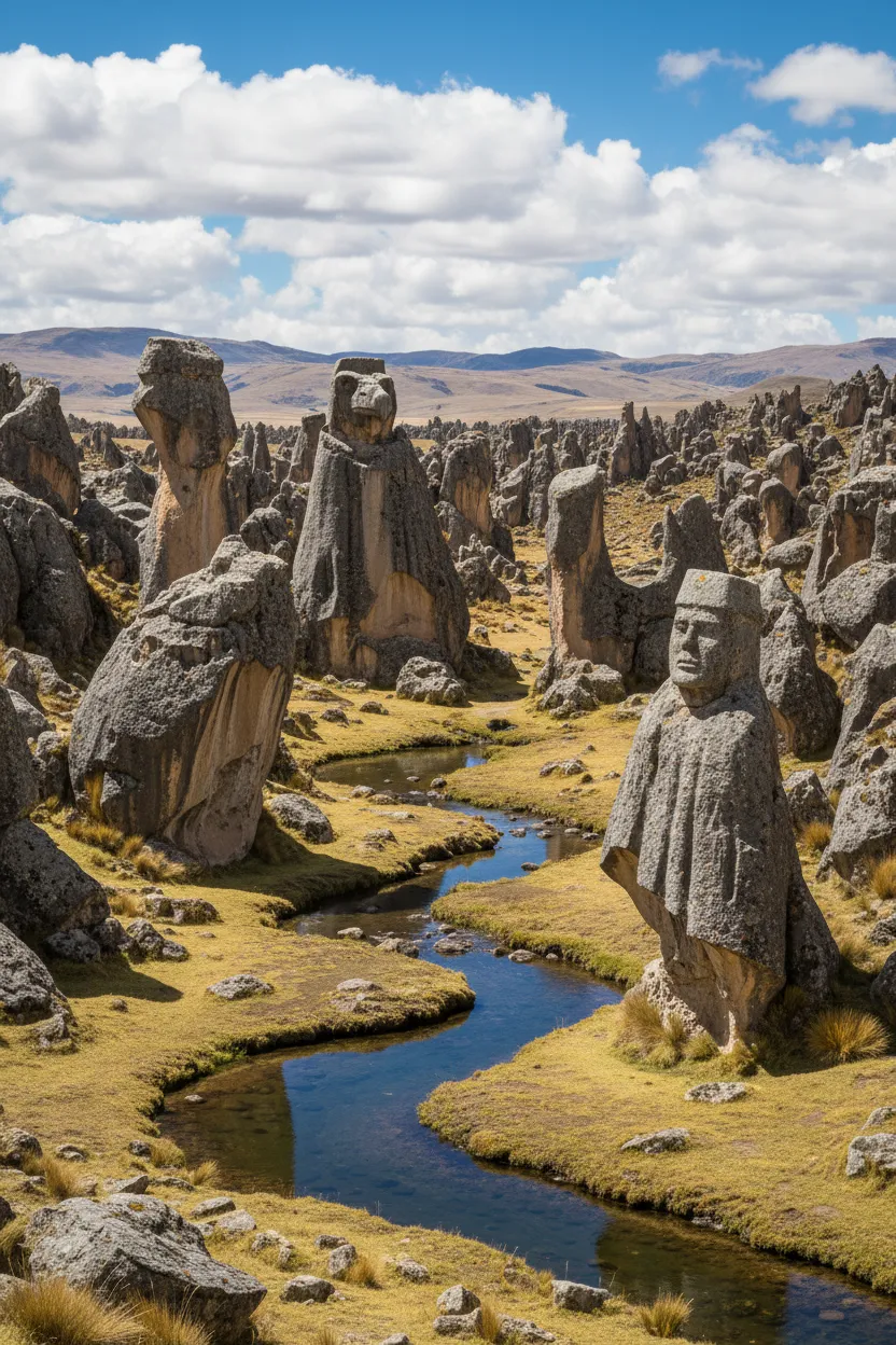 Panoramic view of the Huayllay Stone Forest with thousands of unique rock formations resembling animals and human figures under a dramatic sky.