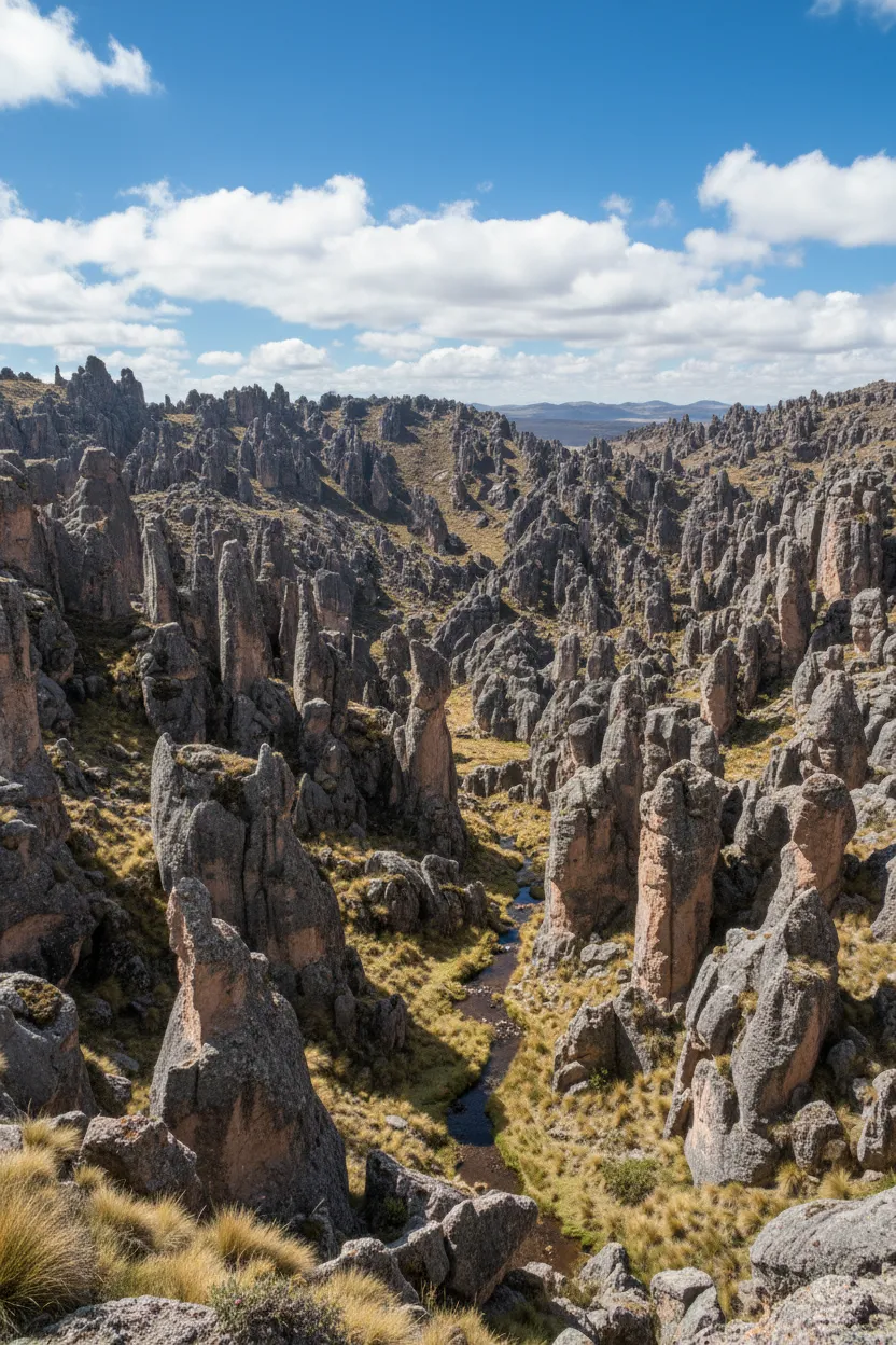 Close-up of a distinct rock formation in Huayllay resembling a large animal, with details of its weathered texture and surrounding sparse high-altitude vegetation.